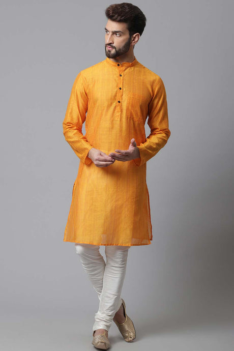 Buy Men's Yellow Banarasi Stripes Long Kurta Online - KARMAPLACE