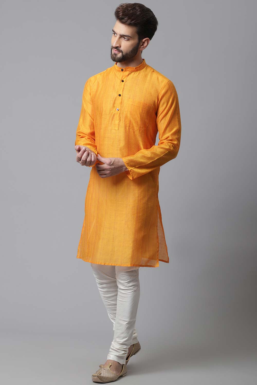 Buy Men's Yellow Banarasi Stripes Long Kurta Online - KARMAPLACE