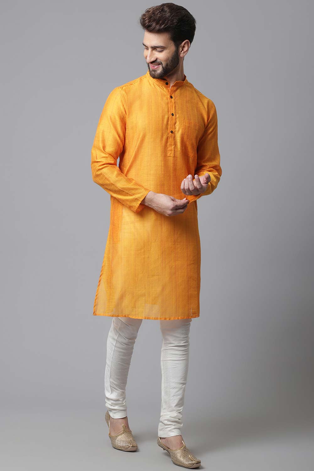 Buy Men's Yellow Banarasi Stripes Long Kurta Online - KARMAPLACE