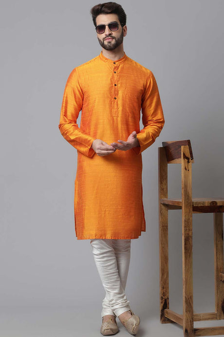 Buy Men's Orange Banarasi Stripes Long Kurta Online - KARMAPLACE