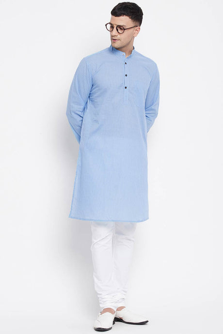 Buy Men's Pure Cotton Stripe Printed Sherwani Kurta in Light Blue - Front