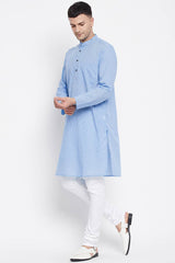 Buy Men's Pure Cotton Stripe Printed Sherwani Kurta in Light Blue - Back