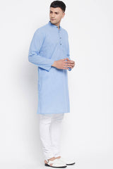 Buy Men's Pure Cotton Stripe Printed Sherwani Kurta in Light Blue - Side