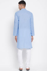 Buy Men's Pure Cotton Stripe Printed Sherwani Kurta in Light Blue - Zoom in