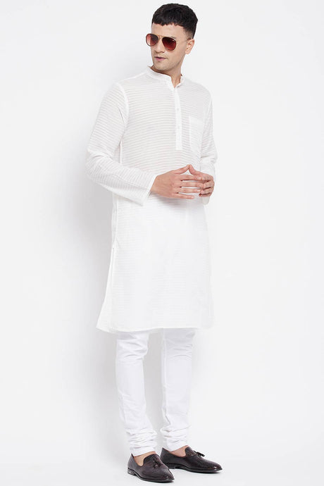 Buy Men's Pure Cotton Stripe Print Sherwani Kurta in Light White - Front