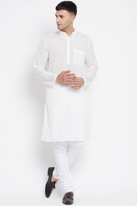 Buy Men's Pure Cotton Stripe Print Sherwani Kurta in Light White