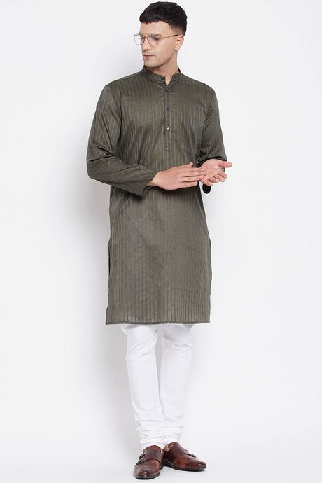 Buy Men's Pure Cotton Stripe Printed Sherwani Kurta in Light Green - Front
