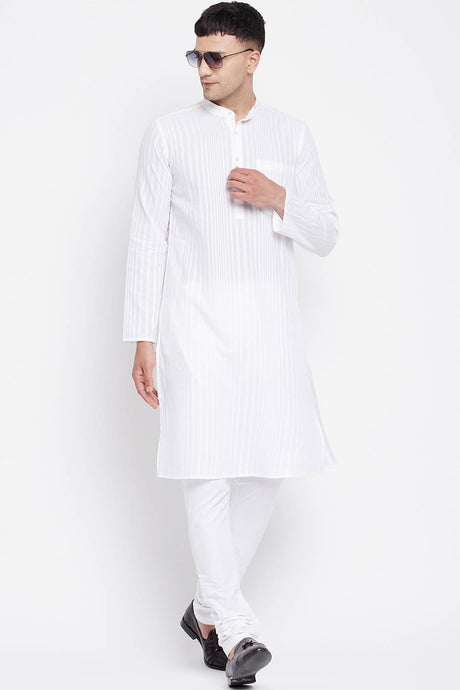 Buy Men's Pure Cotton Stripe Printed Sherwani Kurta in Light White - Front