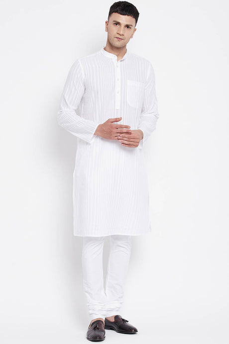 Buy Men's Pure Cotton Stripe Printed Sherwani Kurta in Light White