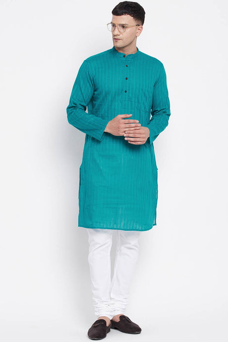 Buy Men's Pure Cotton Stripe Printed Sherwani Kurta in Peacock Green - Front