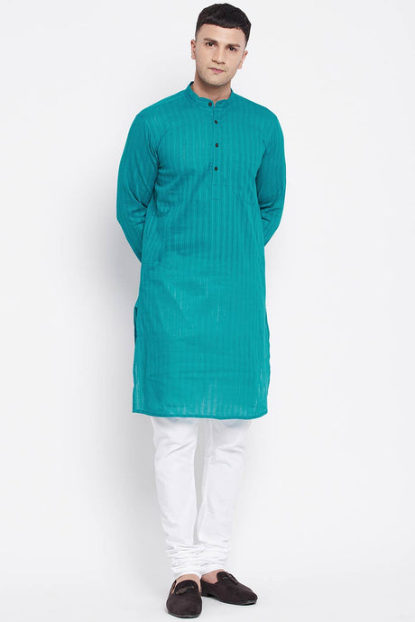 Buy Men's Pure Cotton Stripe Printed Sherwani Kurta in Peacock Green