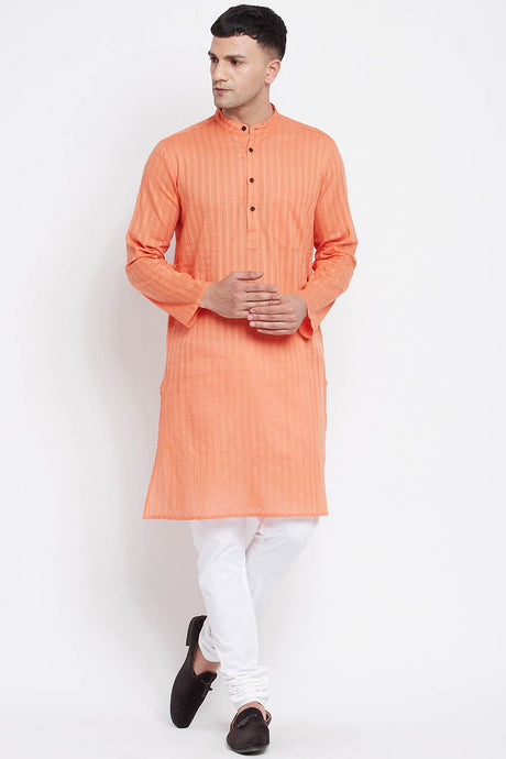 Buy Men's Pure Cotton Stripe Printed Sherwani Kurta in Light Orange - Front