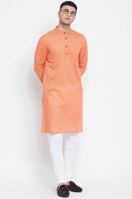 Buy Men's Pure Cotton Stripe Printed Sherwani Kurta in Light Orange