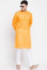 Buy Men's Pure Cotton Stripe Printed Sherwani Kurta in Light Yellow - Front