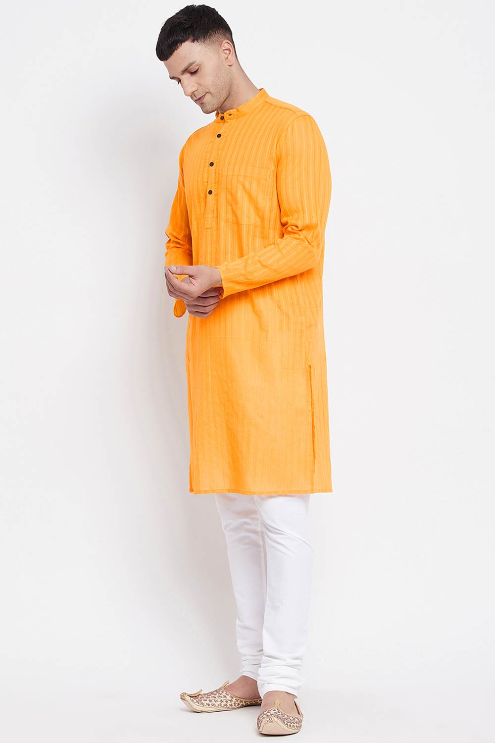 Buy Men's Pure Cotton Stripe Printed Sherwani Kurta in Light Yellow - Back
