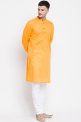 Buy Men's Pure Cotton Stripe Printed Sherwani Kurta in Light Yellow - Side