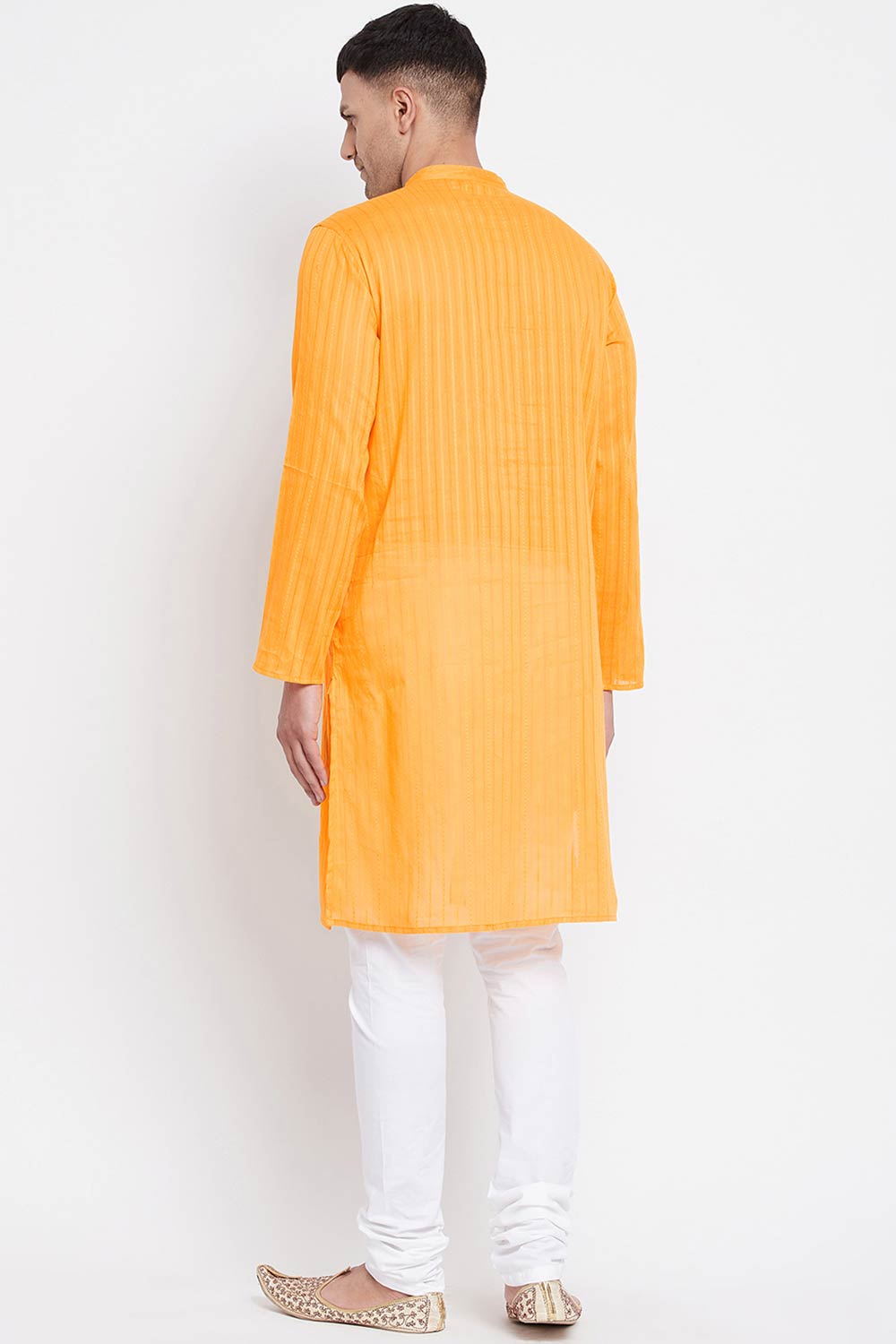 Buy Men's Pure Cotton Stripe Printed Sherwani Kurta in Light Yellow - Zoom in