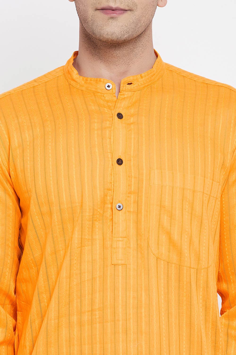 Buy Men's Pure Cotton Stripe Printed Sherwani Kurta in Light Yellow - Zoom Out