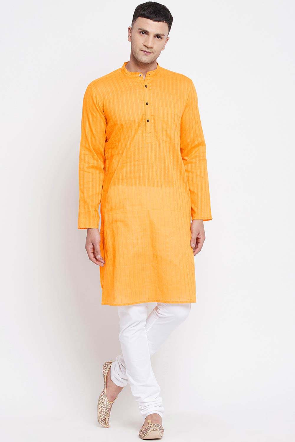 Buy Men's Pure Cotton Stripe Printed Sherwani Kurta in Light Yellow
