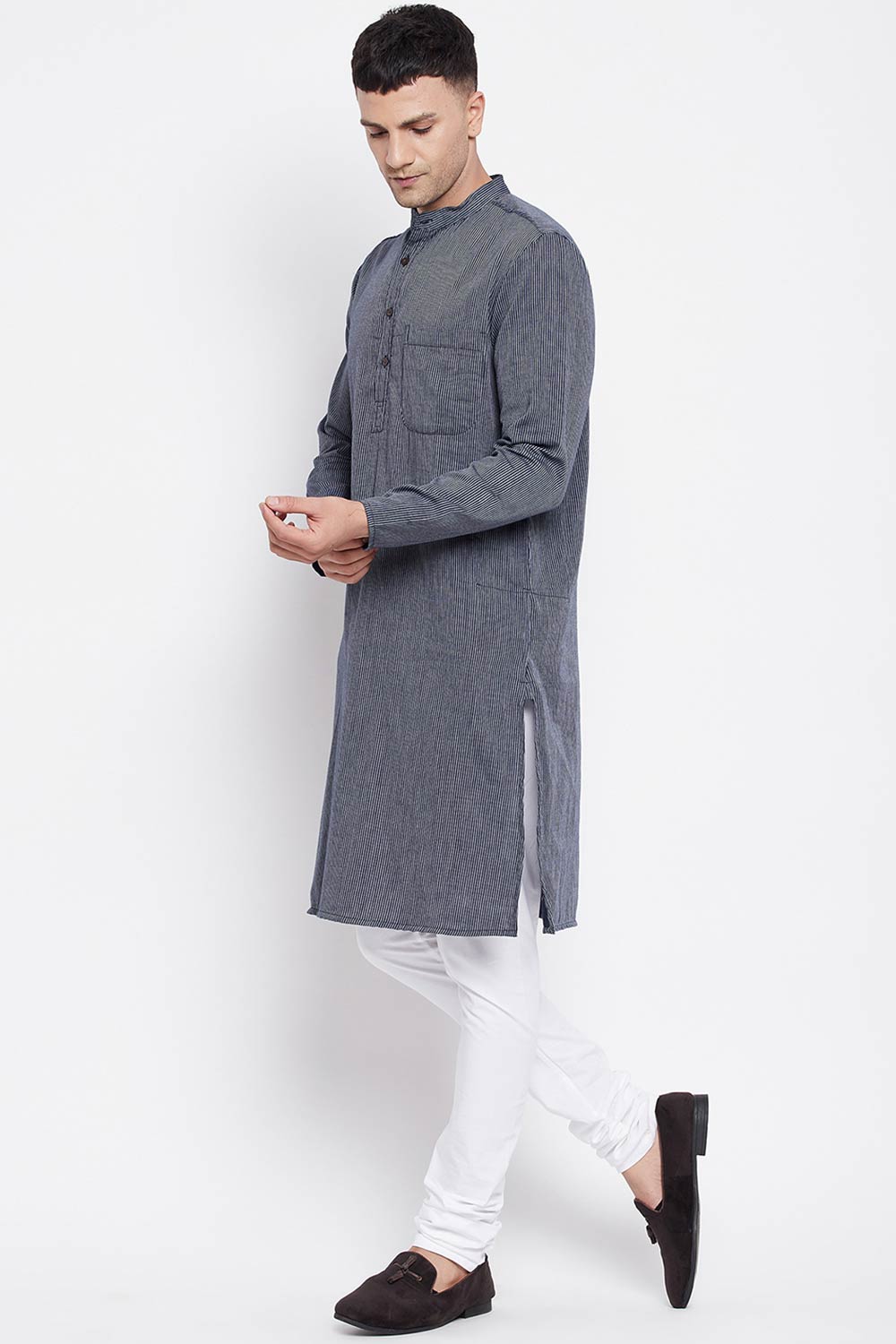 Buy Men's Pure Cotton Stripe Printed Sherwani Kurta in Light Grey - Front