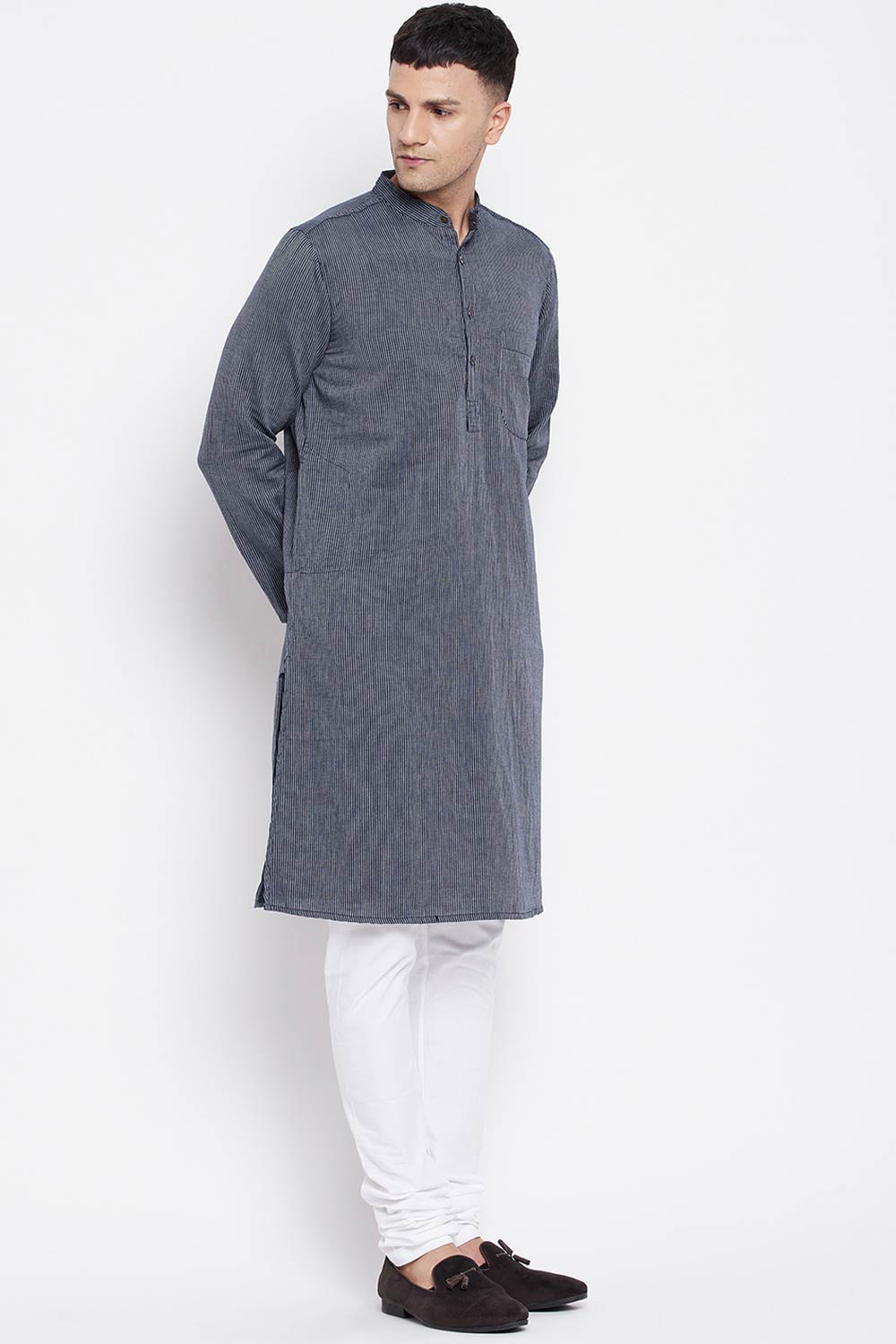 Buy Men's Pure Cotton Stripe Printed Sherwani Kurta in Light Grey - Back