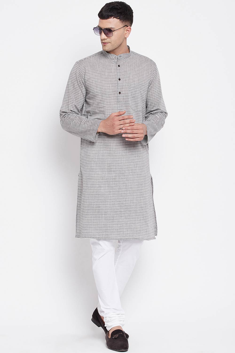 Buy Men's Pure Cotton Stripe Printed Long Kurta in Grey - Front