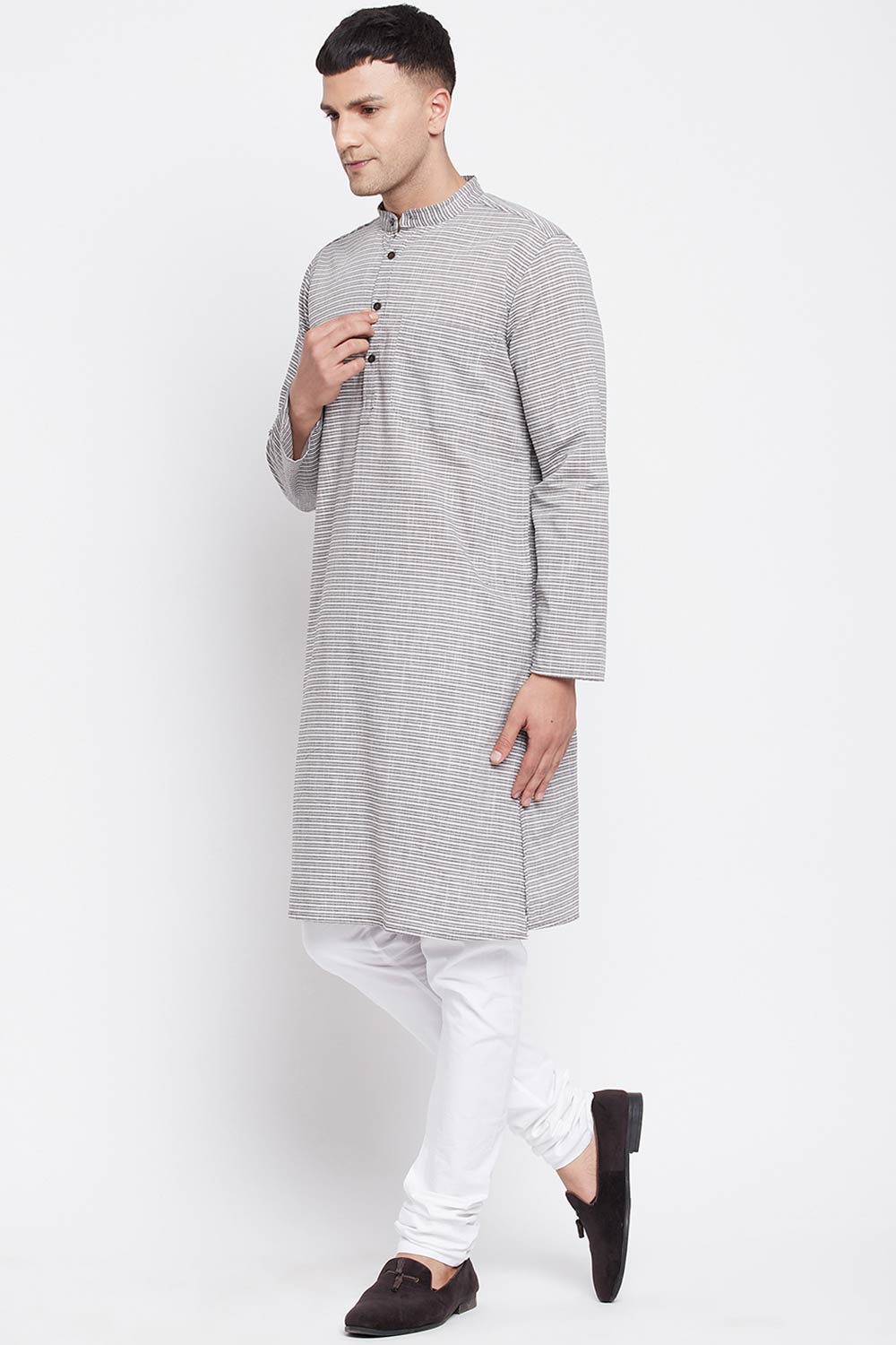 Buy Men's Pure Cotton Stripe Printed Long Kurta in Grey - Back