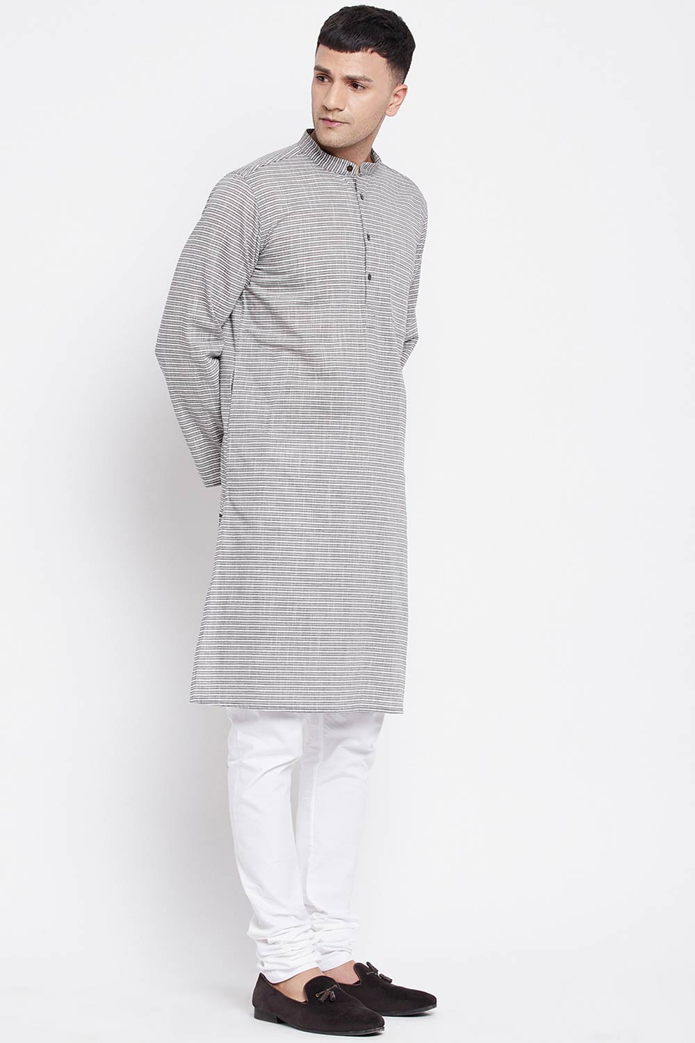 Buy Men's Pure Cotton Stripe Printed Long Kurta in Grey - Side