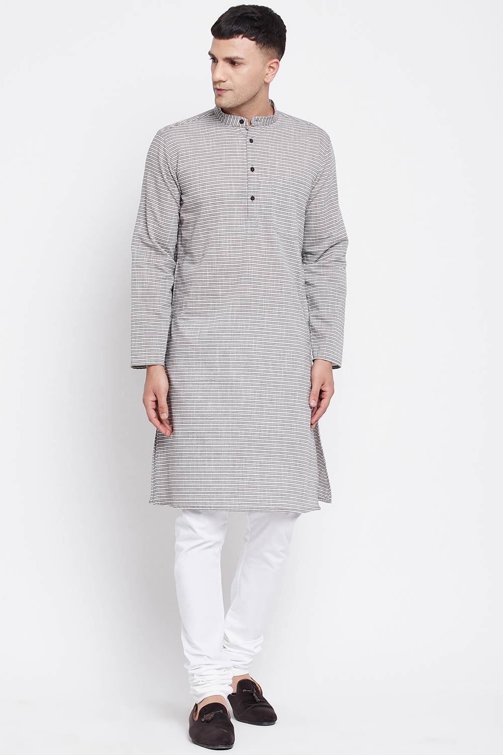 Buy Men's Pure Cotton Stripe Printed Long Kurta in Grey