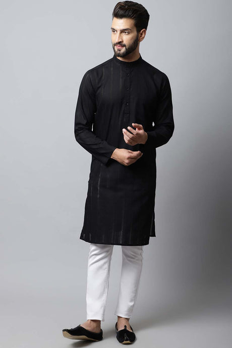 Men's Dark Black Self-Design Full Sleeve Long Kurta Top