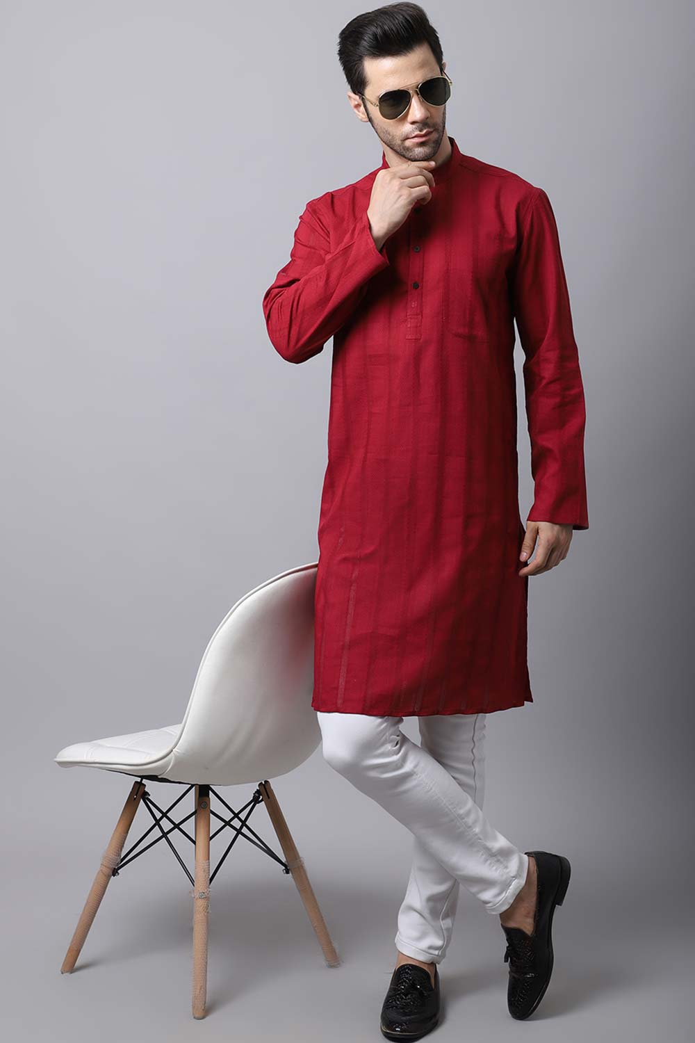 Men's Dark Maroon Self-Design Full Sleeve Long Kurta Top