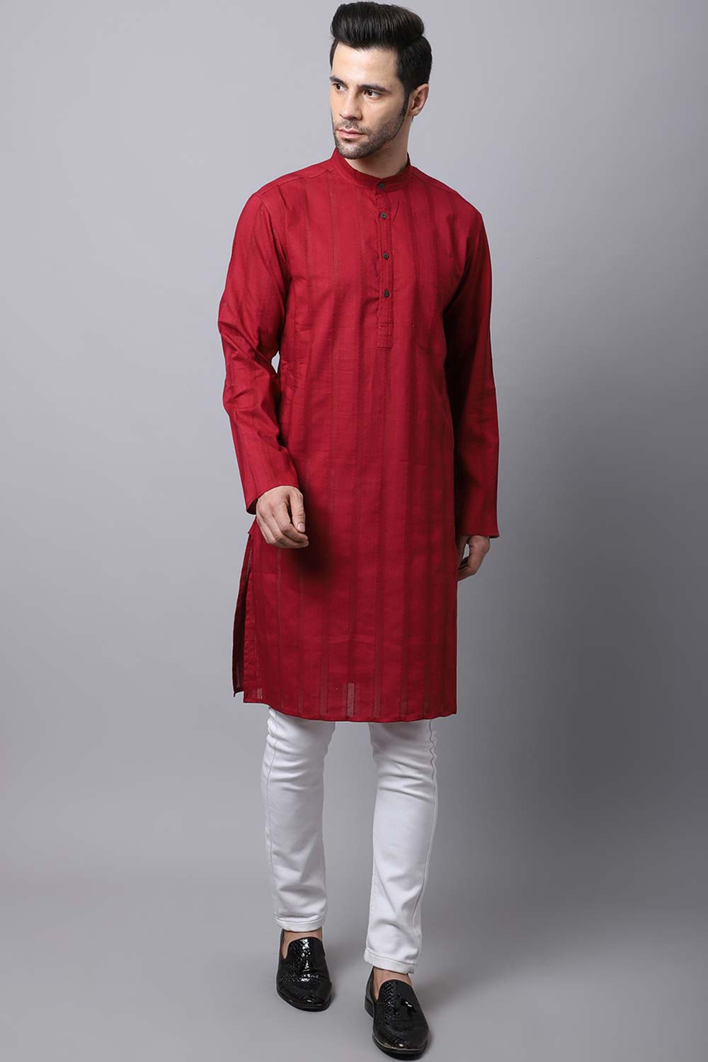 Men's Dark Maroon Self-Design Full Sleeve Long Kurta Top