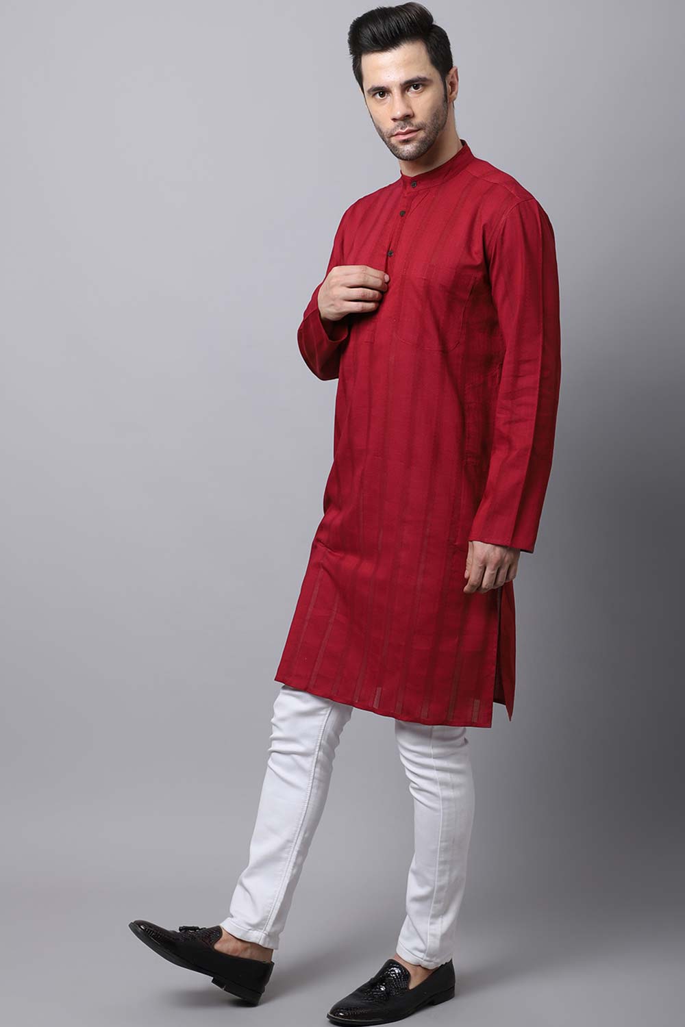 Men's Dark Maroon Self-Design Full Sleeve Long Kurta Top