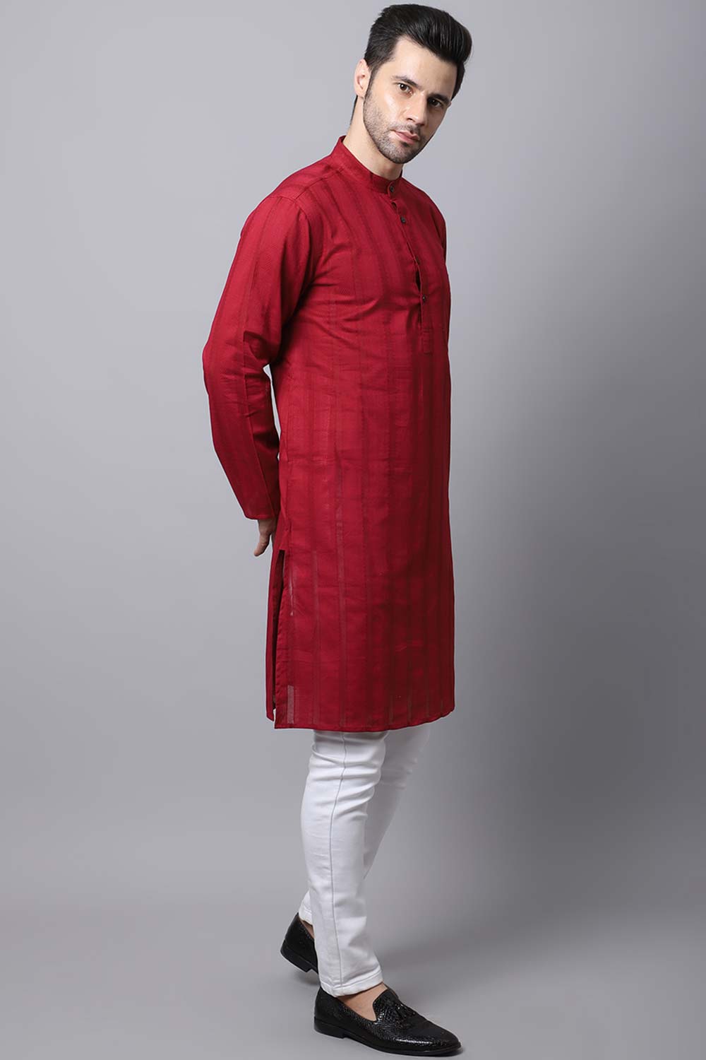 Men's Dark Maroon Self-Design Full Sleeve Long Kurta Top