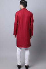 Men's Dark Maroon Self-Design Full Sleeve Long Kurta Top