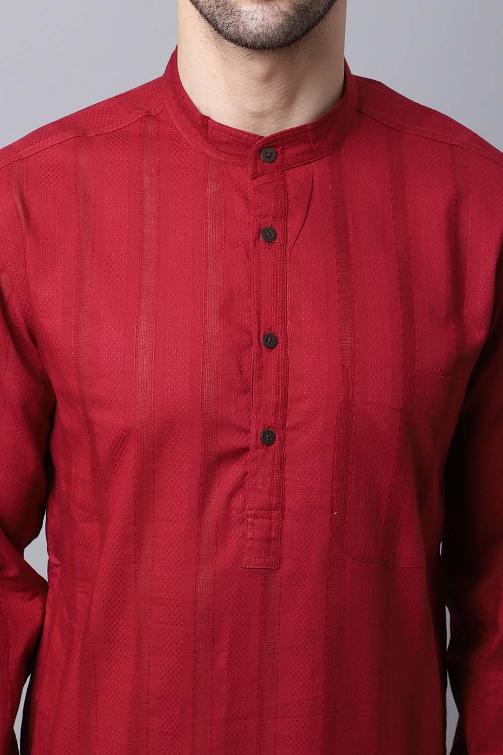 Men's Dark Maroon Self-Design Full Sleeve Long Kurta Top