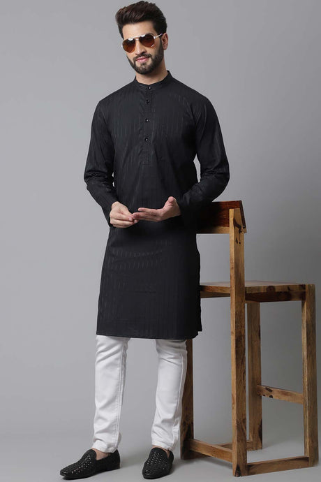 Buy Men's Black Cotton Stripes Long Kurta Online - KARMAPLACE