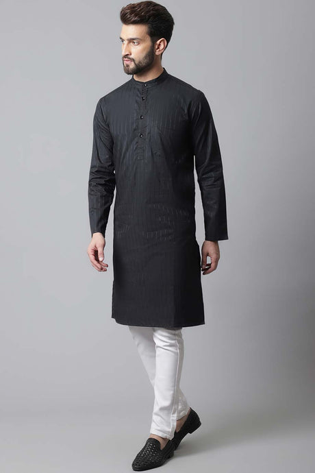 Buy Men's Black Cotton Stripes Long Kurta Online - KARMAPLACE