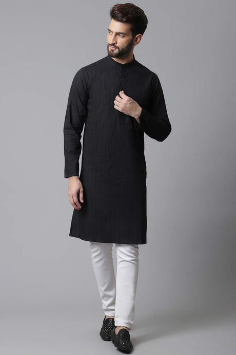 Buy Men's Black Cotton Stripes Long Kurta Online - KARMAPLACE