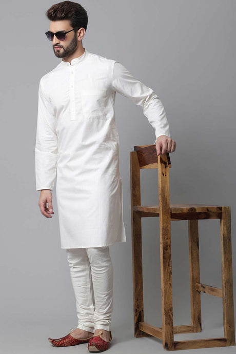Buy Men's White Cotton Stripes Long Kurta Online - KARMAPLACE