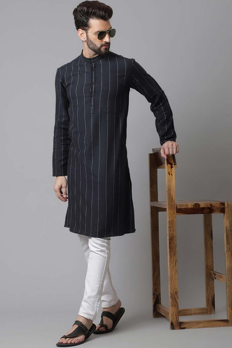 Buy Men's Black Cotton Stripes Long Kurta Online - KARMAPLACE