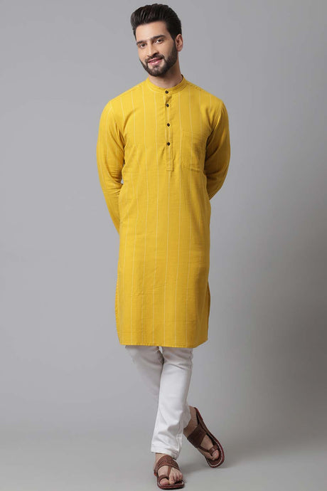 Buy Men's Yellow Linen Stripes Long Kurta Online - KARMAPLACE