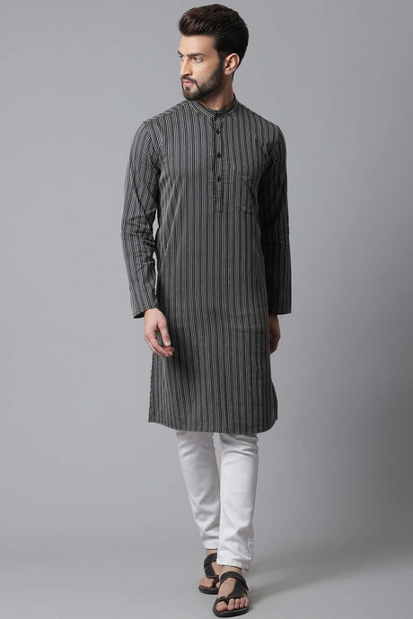 Buy Men's Black Cotton Stripes Long Kurta Online - KARMAPLACE