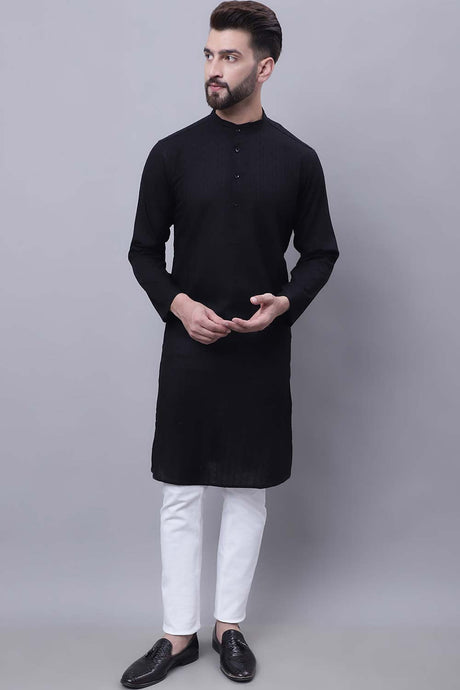 Buy Men's Black Cotton Self Design Long Kurta Top Online