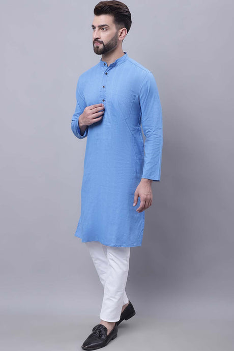 Buy Men's Blue Cotton Self Design Long Kurta Top Online - Back