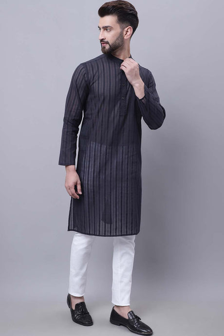 Buy Men's Black Cotton Striped Long Kurta Top Online - Back