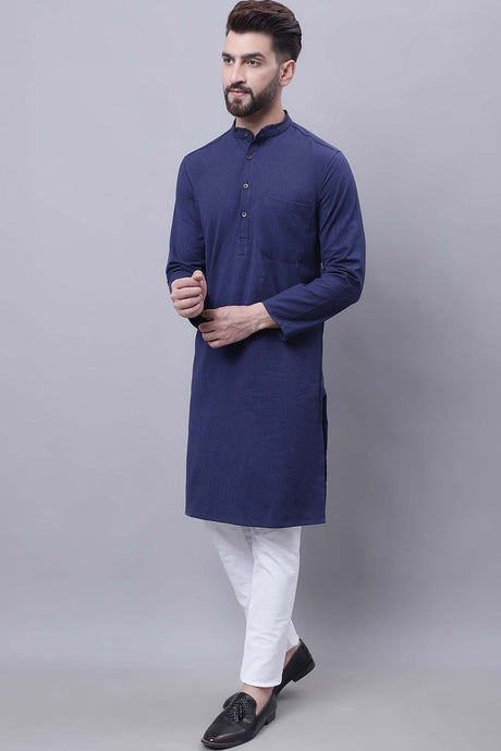 Buy Men's Blue Cotton Striped Long Kurta Top Online - Back