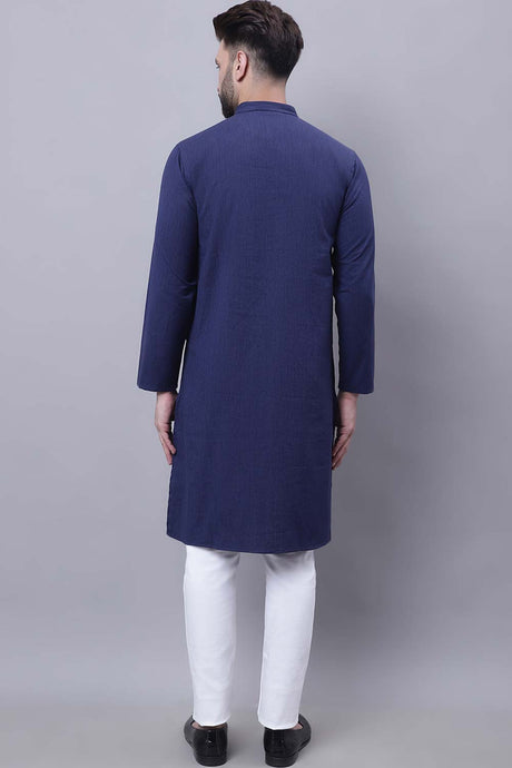 Buy Men's Blue Cotton Striped Long Kurta Top Online - Front
