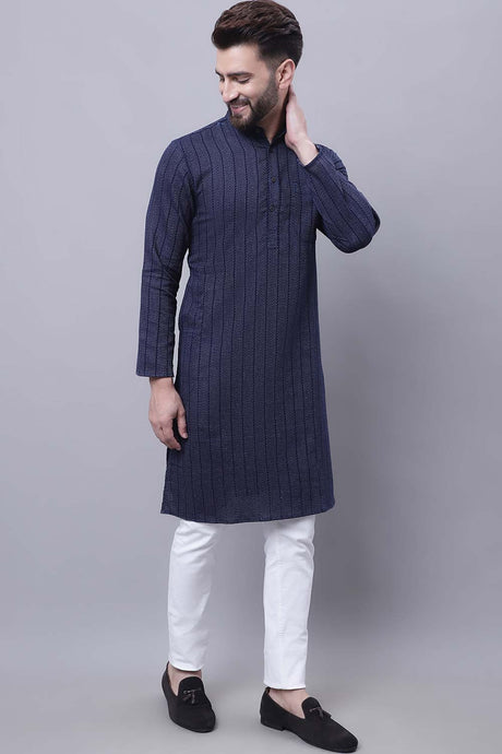 Buy Men's Blue Cotton Striped Long Kurta Top Online - Back