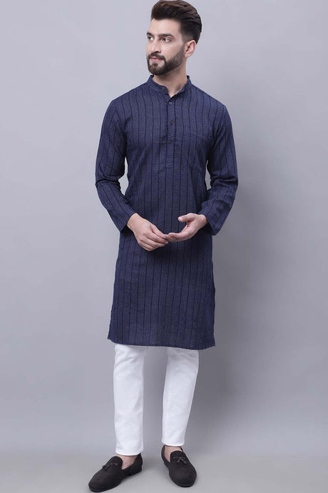 Buy Men's Blue Cotton Striped Long Kurta Top Online